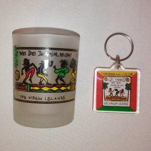 (4) Virgin Islands Shot Glasses & Key Chain: "We Be Jamin, Mon".  Retro.  Mint